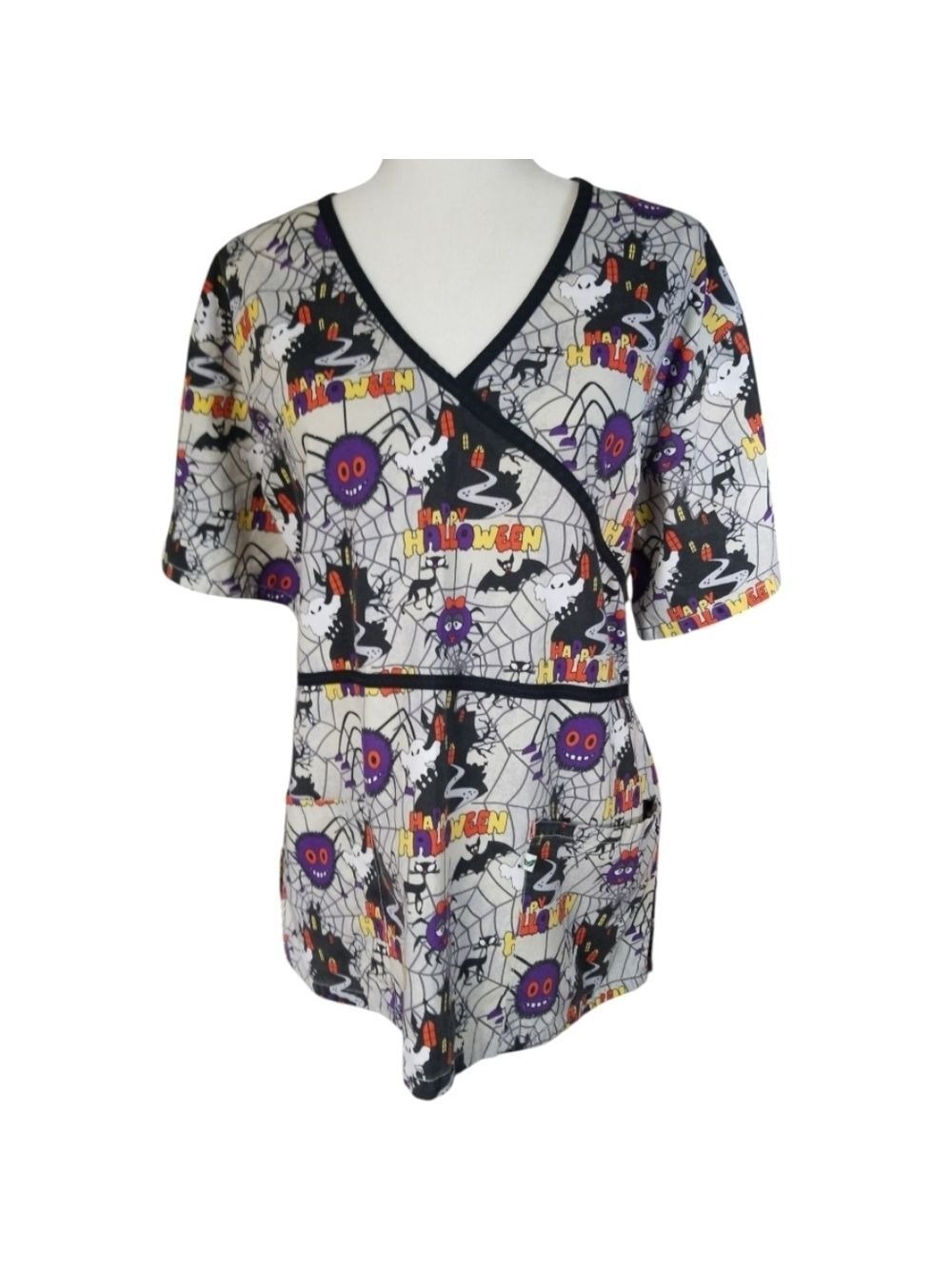 Peppermint Halloween Print Women's Scrub Top - Black and Purple